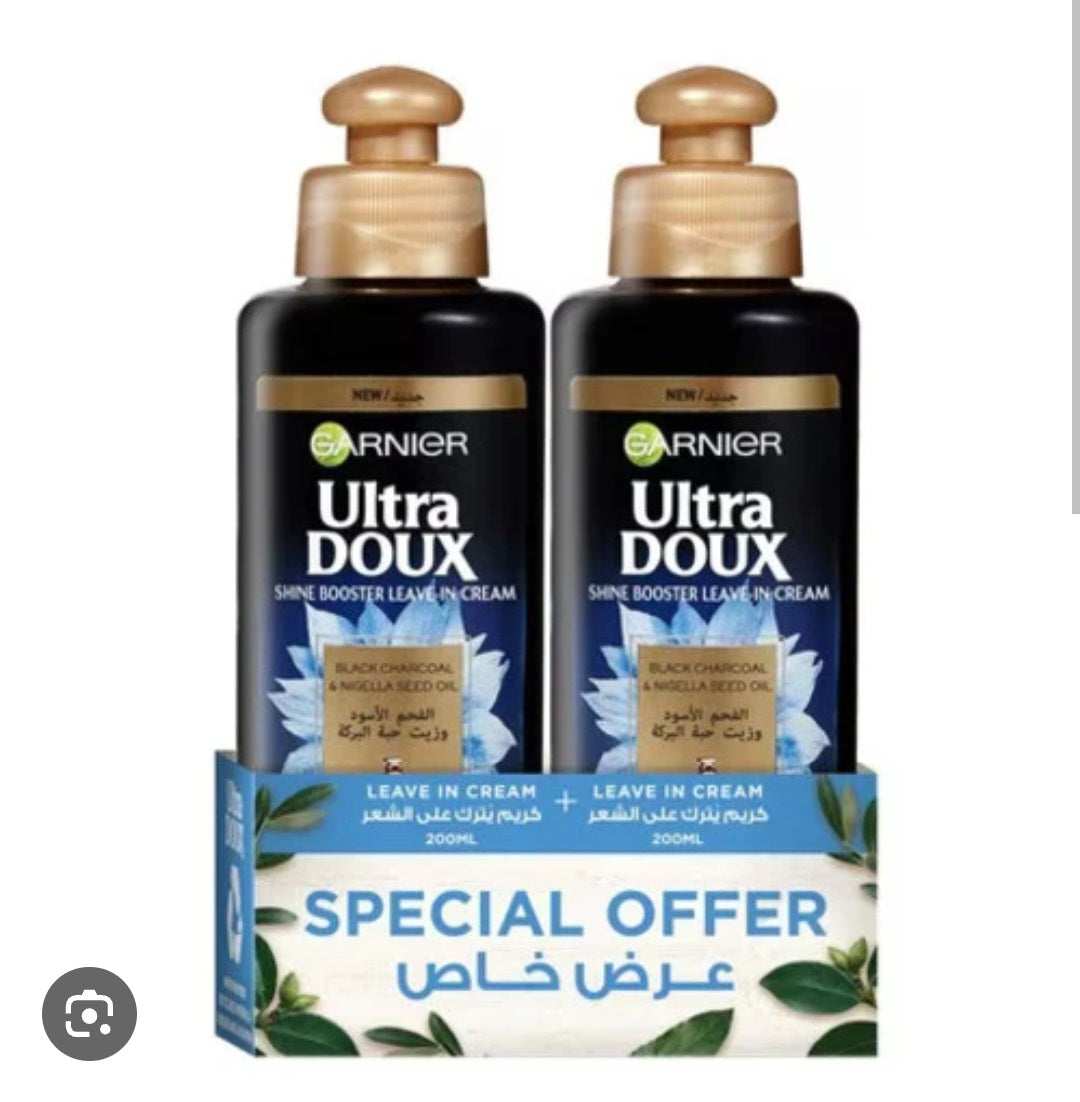 Garnier Ultra Doux Shine Booster Leave - In Cream Hair Care DUO PACK Black Charcoal & Nigella Seed Oil 200ml+200ml